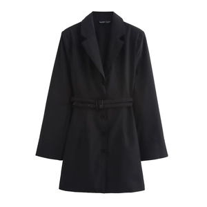 Women's black long sleeve belted shirt dress with notch lapel and button front closure