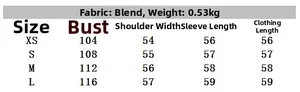 Detailed size chart for women's zipper jacket showing bust and length measurements in cm