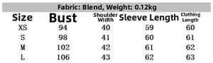 Size guide for women's bow blouse featuring chest and sleeve measurements from XS to L