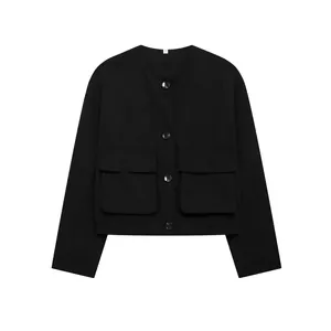 Veste Courte Noire à Col Rond pour Femmes Avec Poches Cargo Et Boutons Manteau Décontracté à Manches Lungues Pour Automne Hiver