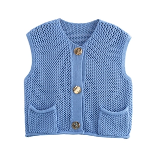 Chaleco de punto azul claro para mujer con cuello en V, botones dorados y dos bolsillos