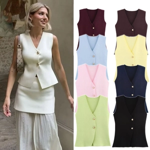 Women Knitted V-Neck Button Vest Top And High Waist Pleated Long Skirt Bottom Polyester Elegant Two Piece Set For Commuting
