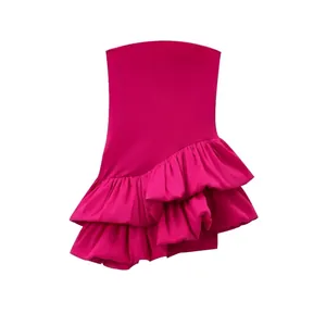 Elegant Women Strapless Magenta Mini Dress Asymmetric Double Layered Ruffle Bodycon Cocktail Party Dress No Sleeves