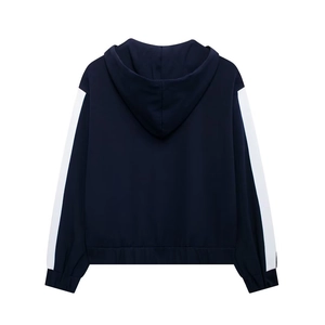 Detail view of the back of a navy hoodie with bold white stripes on the sleeves