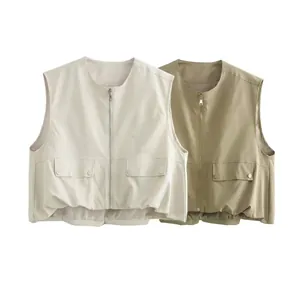 Gilet Utilitario Casual da Donna Con Cerniera in Poliestere Intrecciato Tasche a Patta Girocollo Senza Maniche Tinta Unita Streetwear Soprabito