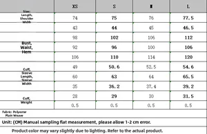 Detailed size chart for women casual blazer including length and bust measurements
