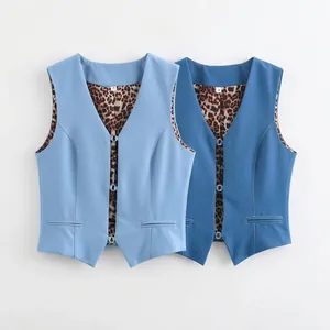 Women Street Fashion V-Neck Vest Leopard Print Lining Metal Ring Button Short Polyester Waistcoat Casual Layering Top