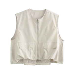 Gilet cargo beige senza maniche con zip frontale e tasche con patta dal taglio ampio