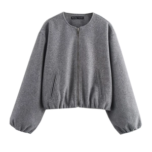 Giacca bomber grigia da donna stile lana con cerniera lampo e polsini elasticizzati