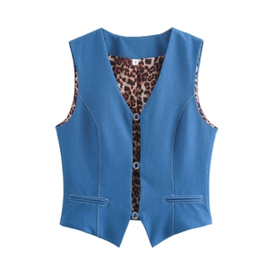 Women's dark blue denim vest with leopard print lining and metal buckles for street fashion