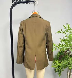 Rear view of an olive green blazer showing the back slit and tailored seam construction
