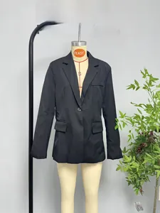 Front view of black blazer jacket with classic lapels and single button closure