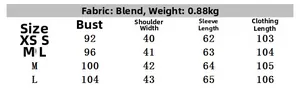 Detailed size chart for women's slim fit trench coat with fabric and weight info