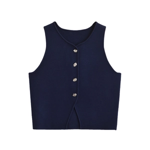 Women's chic navy blue V-neck knit vest with unique silver metal buttons