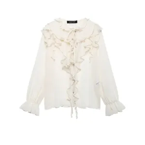 Women Elegant Ruffle Chiffon Blouse Tie Neck Long Sleeve Layered Office Casual Tops Solid Color Cream Beige Shirt