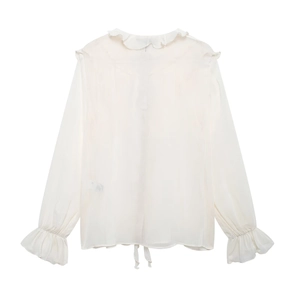 Elegant cream white long sleeve chiffon blouse with tiered ruffles and bow tie detail