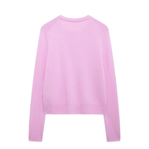 Back view of a mauve pink long sleeve knit cardigan with ribbed cuffs and hem detail