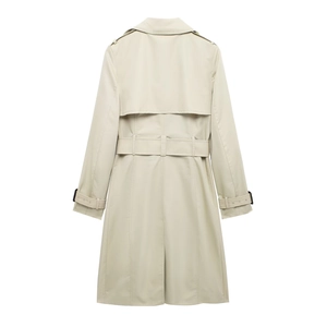 Back view of a classic beige trench coat showing the storm flap and belted waist details