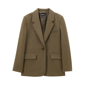 Detail of khaki olive casual blazer showing notch lapels and single button closure