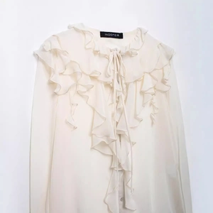 Elegant white chiffon long sleeve shirt with tiered ruffle neck and bow tie decoration