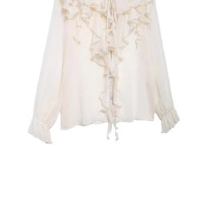Elegant cream chiffon long sleeve blouse with ruffled layers and delicate V-neck tie