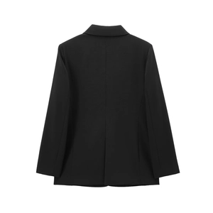 Back view of a classic black tailored blazer featuring a centered back vent and slim fit cut