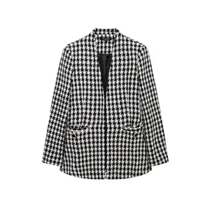 French Minimalist Houndstooth Tweed Jacket For Women Elegant Black White Long Sleeve Blazer Autumn Winter Woolen Coat Office Lady Outerwear