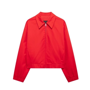 Red zip-up lapel jacket for women featuring front metal zipper and elasticated cuffs