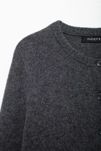 Detail of soft charcoal grey knit fabric with high-density texture and round buttons