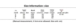 Size chart showing bust and length measurements for women's printed long sleeve jacket