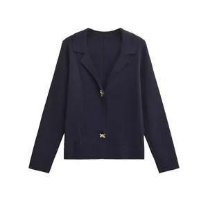 Women's Elegant Knitted Cardigan Jacket with Flower Bee Buttons V-Neck Long Sleeve Solid Color Outerwear Streetwear