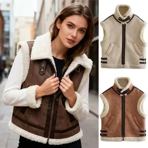 Gilet Femme en Suédine et Fausse Fourrure Intégré Col Montant Fermeture Éclair Sans Manches Veste Chaude Style Moto