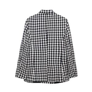 Classic women's black and white houndstooth wool blazer with minimalist slim fit tailoring