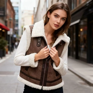 Gilet pour femme en daim marron avec doublure polaire blanche et fermeture éclair oblique