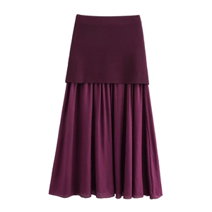 Elegant plum red high-waisted midi skirt with knitted panel and pleated chiffon fabric
