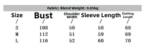 Size guide table for mid-length coat showing measurements in S, M, L dimensions