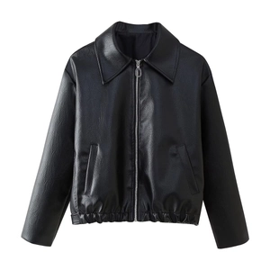 Women's chic black faux leather jacket featuring a lapel collar and zip-up front closure