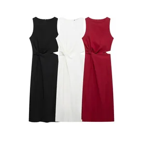 Robe Midi Femme Élégante Sans Manches Découpe Taille Torsadée Couleur Unie Col Rond Mélange de Coton Mode