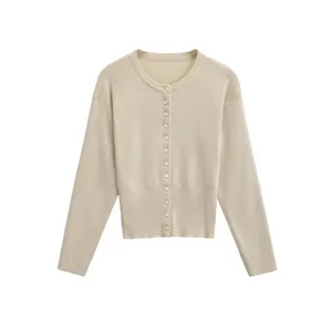 Women's Knit Cardigan Sweater Round Neck Single Breasted Long Sleeve Solid Color Ribbed Cuff Warm Soft Autumn Winter Top