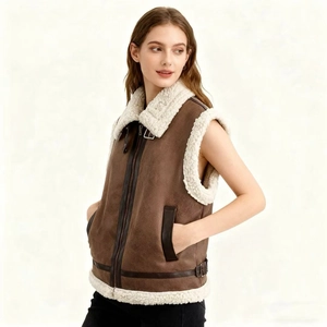 Gilet pour femme en daim marron avec doublure en polaire blanche pour automne hiver
