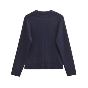 Navy blue women knit cardigan jacket featuring back center seam and classic collar detail