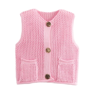 Chaleco de punto rosa para mujer con botones vintage y bolsillos de parche