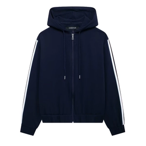 Women's Casual Sporty Top And Bottom Contrast Stripe Zip Up Hooded Jacket And Elastic Waist Drawstring Sweatpants Tracksuit