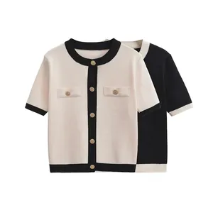 Women Elegant Short Sleeve Knit Cardigan Vintage Contrast Trim Round Neck Gold Button Small Fragrance Sweater Top