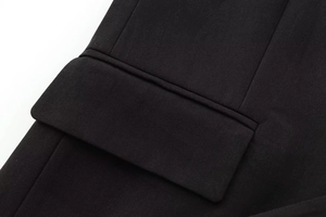 Close-up of the pocket flap detail and black twill fabric texture on casual blazer