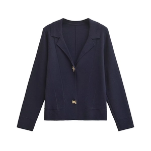 Navy blue knit cardigan for women with lapel collar and golden bee-shaped buttons
