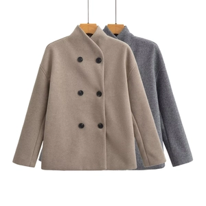 Detail of double-breasted wool coats in khaki and grey with high stand collars