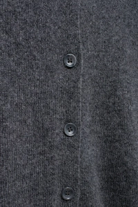 Macro shot of dark grey knit cardigan showing textured fabric and matching resin buttons