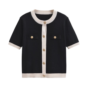 Women's chic contrast knit cardigan with gold buttons and short sleeves in black and white
