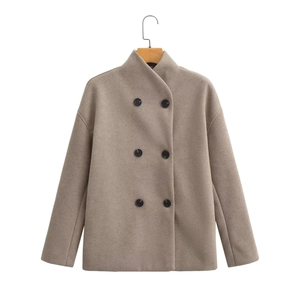Close-up of double-breasted woolen short coat with stand collar and dark buttons